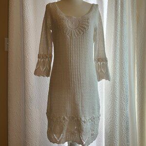 Cotton White Crochet Midi Dress. 3/4 bell sleeves, lined